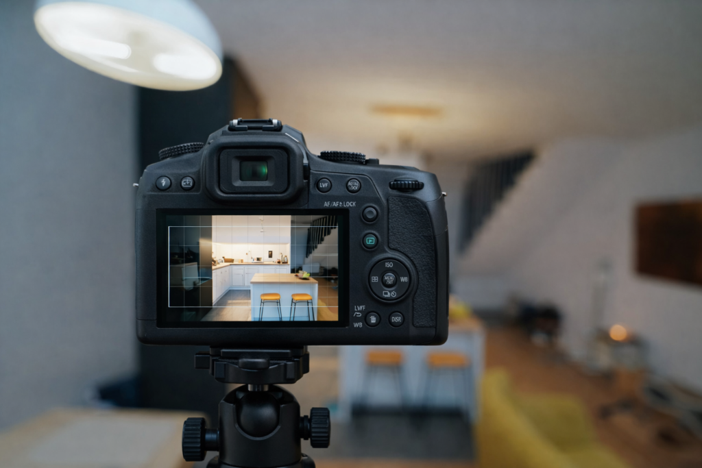 vue sur un écran d'appareil photo reflex, posé sur un trépied pour la prise en photo professionnelle d'un intérieur